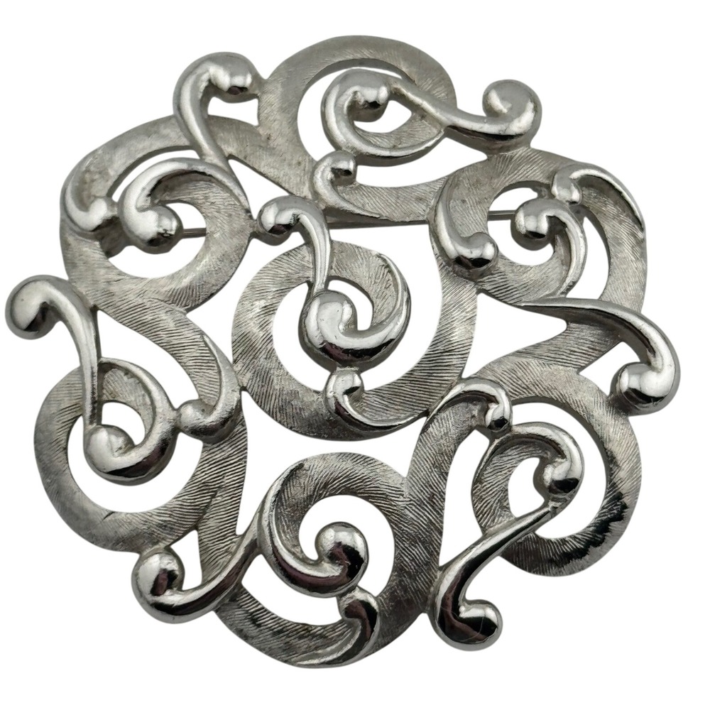 Vintage Trifari Brooch Silver Tone Textured Scroll Swirl Round Pin